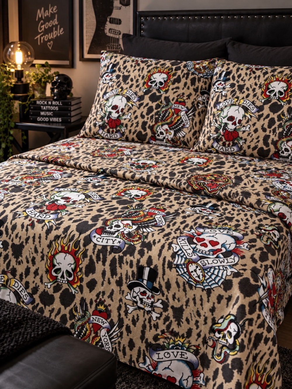 NWT Ed Hardy 6pc California King Sheet Set Leopard Skull Tattoo Bedding